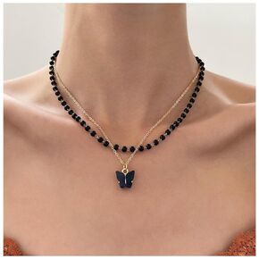 Bohemian Black Rosary Bead Chain Necklace Layered Crystal Butterfly Necklace Gold Butterfly Pendant Necklace Layered Butterfly Choker Necklace Jewelry for Women and Girls Gifts