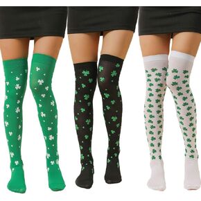 St. Patrick's Day Socks Striped Shamrock Over Knee Thigh High Stockings Green Irish Costume Leg Warmers for Women Men