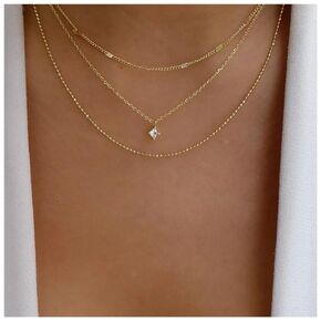 Iaceble Boho Layered Cz Crystal Necklace Silver Square Solitaire Pendant Necklace Mini Rhinestone Choker Necklace Multi Layer Ball Chain Necklace Jewelry for Women and Girls