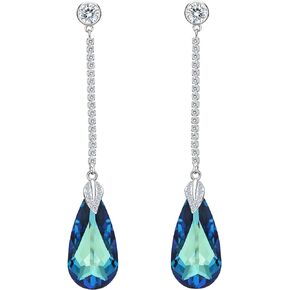 EleQueen 925 Sterling Silver CZ Teardrop Leaf Long Dangle Earrings Made with Austrian Crystal for Women Girls, Valentine's Day/Mother's Day/Christmas Jewerly Gift for Girlfriend/Mom