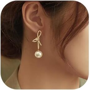 Bow Pearl Earrings for Women Crystal Bow Earrings Gold Bowknot Dangle Drop Earring Dainty Statement Pearl Earring Jewelry Gifts for Teens and Girls