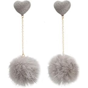 Heart Pom Pom Earrings for Women Colorful Faux Fur Fluffy Pom Earrings Long Chain Soft Pom Ball Tassel Dangle Drop Earrings Fluffy Love Heart Stud Earrings Party Jewelry Gift