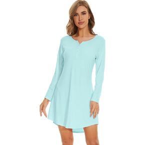 WiWi Women's Bamboo Viscose Nightgown Long Sleeve Nightshirt Soft Sleep Dress V-neck Loose Comfy Pajama Sleepwear S-XXL