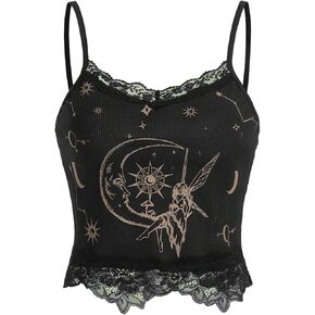 SOLY HUX Women's Y2k Lace Trim Cami Crop Top Sun Moon Print Casual Tops