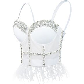 ELLACCI Women's Feather Tassel Diamond Chain Mesh Bustier Crop Top Push Up Corset Top Bralet White