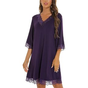 ASHER FASHION Cotton Nightgowns for Women 3/4 Sleeve Victorian Sleepwear, Lace Trim V Neck Loose Loungwear Nightdress
