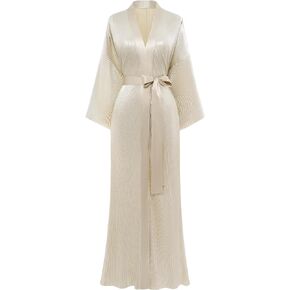 PRODESIGN Satin Robe for Women - Bath Robe with Pleated Design Long Kimono Nightgown for Sleepwear Wedding Bridesmaid