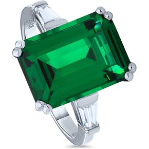 BERRICLE Sterling Silver Solitaire Simulated Emerald Cubic Zirconia CZ Statement Cocktail Fashion Ring for Women, Rhodium Plated 8.5 Carat Size 4-10