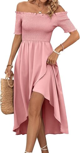 Umenlele Women's Off Shoulder Smocked Wrap Asymmetric Swing Hem Short Sleeve Summer Midi Dress in Saudi Arabia