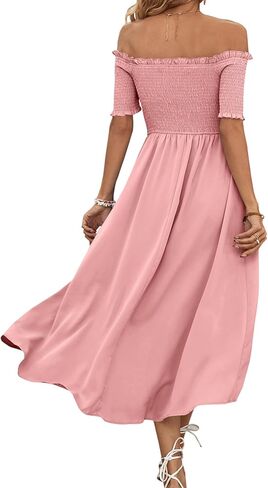 Umenlele Women's Off Shoulder Smocked Wrap Asymmetric Swing Hem Short Sleeve Summer Midi Dress in Saudi Arabia