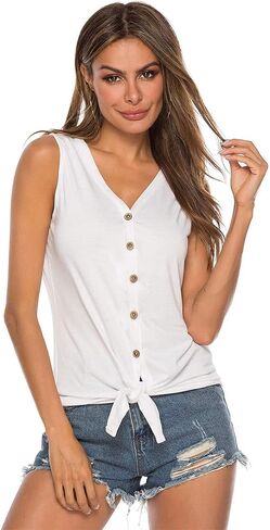 قمصان نسائية بدون أكمام برقبة على شكل حرف V وربطة أمامية وأزرار لأعلى وبلوزات فضفاضة غير رسمية in Kuwait