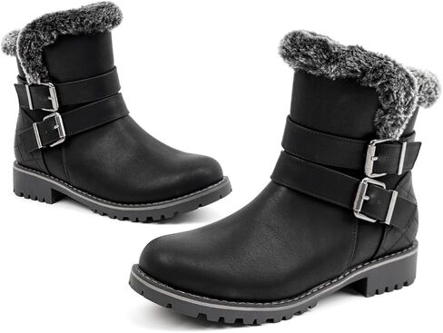 VJH confort Women's Mid Calf Boots, Slouchy Buckle Straps Side Zipper Comfy Low Heel Closed Toe Booties in Kuwait