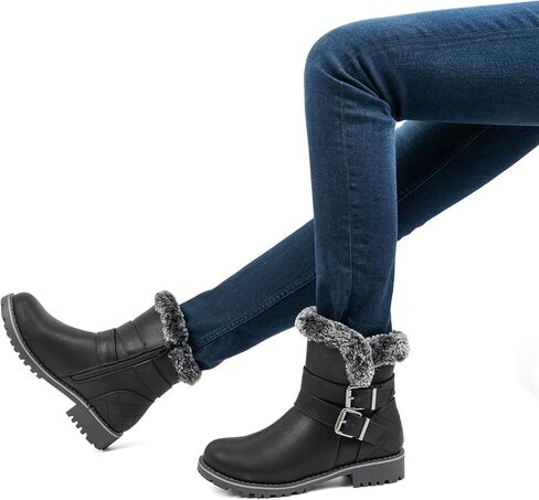 VJH confort Women's Mid Calf Boots, Slouchy Buckle Straps Side Zipper Comfy Low Heel Closed Toe Booties in Kuwait