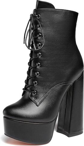 SAMMITOP Women's Round Toe Chunky Heel Boots Platform Lace Up Animal Print Ankle Boots in Saudi Arabia