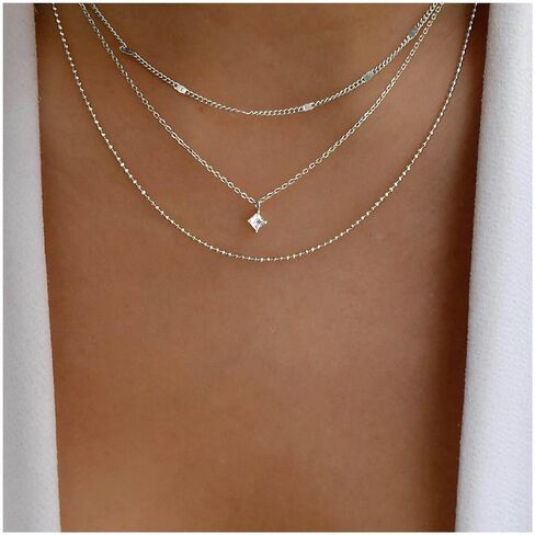 Iaceble Boho Layered Cz Crystal Necklace Silver Square Solitaire Pendant Necklace Mini Rhinestone Choker Necklace Multi Layer Ball Chain Necklace Jewelry for Women and Girls in Saudi Arabia