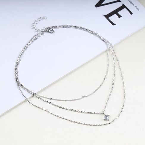 Iaceble Boho Layered Cz Crystal Necklace Silver Square Solitaire Pendant Necklace Mini Rhinestone Choker Necklace Multi Layer Ball Chain Necklace Jewelry for Women and Girls in Saudi Arabia