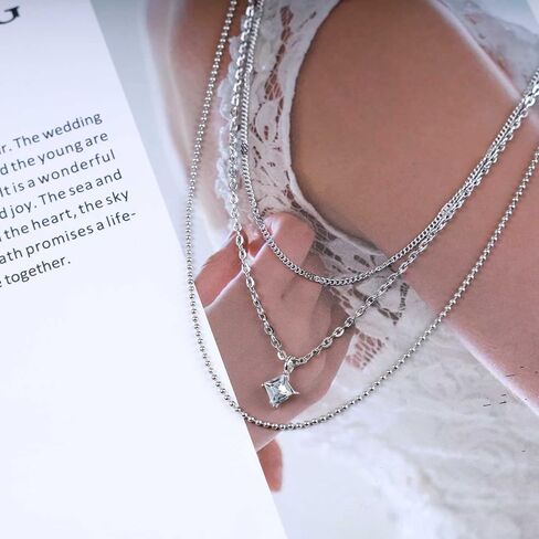 Iaceble Boho Layered Cz Crystal Necklace Silver Square Solitaire Pendant Necklace Mini Rhinestone Choker Necklace Multi Layer Ball Chain Necklace Jewelry for Women and Girls in Saudi Arabia