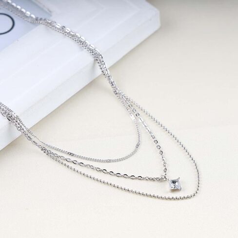 Iaceble Boho Layered Cz Crystal Necklace Silver Square Solitaire Pendant Necklace Mini Rhinestone Choker Necklace Multi Layer Ball Chain Necklace Jewelry for Women and Girls in Saudi Arabia