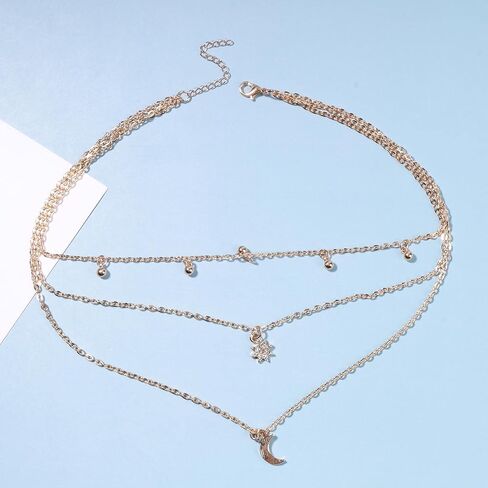 Boho Layered Moon Necklace Choker Gold Rhinestone Star Pendant Necklace CZ Northstar Necklace Chain Vintage Crescent Necklace Jewelry for Women and Girls in Saudi Arabia