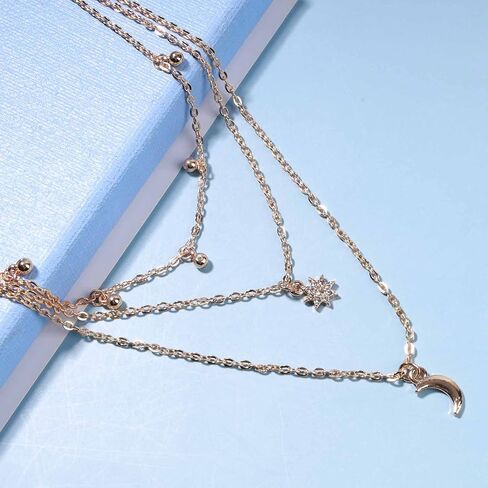 Boho Layered Moon Necklace Choker Gold Rhinestone Star Pendant Necklace CZ Northstar Necklace Chain Vintage Crescent Necklace Jewelry for Women and Girls in Saudi Arabia