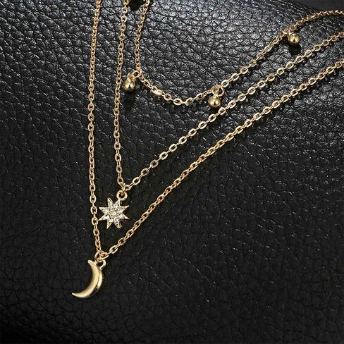 Boho Layered Moon Necklace Choker Gold Rhinestone Star Pendant Necklace CZ Northstar Necklace Chain Vintage Crescent Necklace Jewelry for Women and Girls in Saudi Arabia