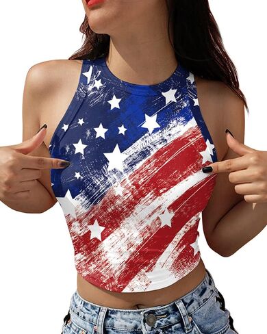 Women's American Flag Crop Top USA Patriotic 4th of July Soft Summer Sleeveless USA Flag Crop Tank Tops for Women in Saudi Arabia