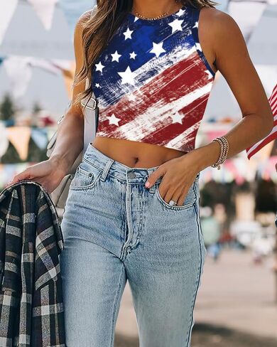 Women's American Flag Crop Top USA Patriotic 4th of July Soft Summer Sleeveless USA Flag Crop Tank Tops for Women in Saudi Arabia