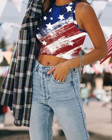 Women's American Flag Crop Top USA Patriotic 4th of July Soft Summer Sleeveless USA Flag Crop Tank Tops for Women in Saudi Arabia