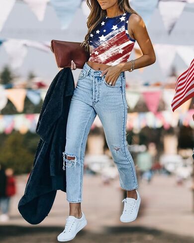 Women's American Flag Crop Top USA Patriotic 4th of July Soft Summer Sleeveless USA Flag Crop Tank Tops for Women in Saudi Arabia