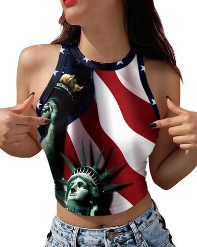 Women's American Flag Crop Top USA Patriotic 4th of July Soft Summer Sleeveless USA Flag Crop Tank Tops for Women in Saudi Arabia