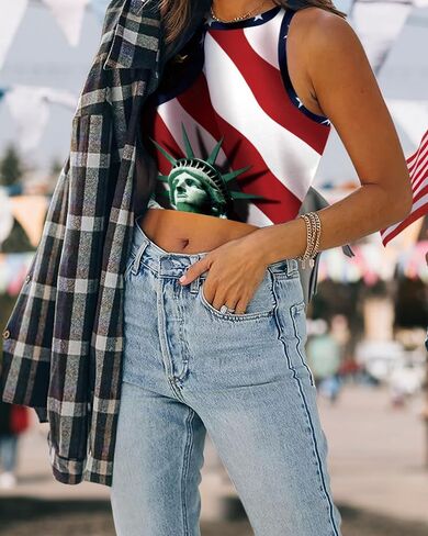 Women's American Flag Crop Top USA Patriotic 4th of July Soft Summer Sleeveless USA Flag Crop Tank Tops for Women in Saudi Arabia