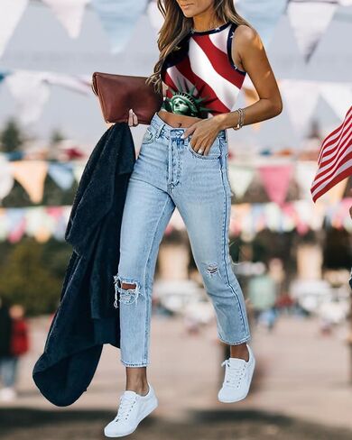 Women's American Flag Crop Top USA Patriotic 4th of July Soft Summer Sleeveless USA Flag Crop Tank Tops for Women in Saudi Arabia