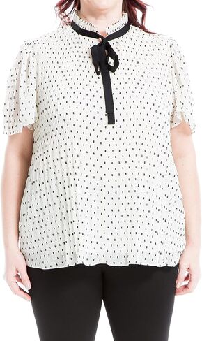 Max Studio Women's Plus Size Clip Dot Tie Neck Short Sleeve Top in Saudi Arabia