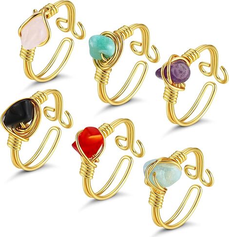 6 قطع خاتم كريستال شفاء للنساء غير منتظم كريستال ذهبي سلك ملفوف خاتم أحجار كريمة عقيق روز كوارتز جمشت عين الشر عيون النمر مجموعة حلقات كريستال قابلة للتعديل in Kuwait