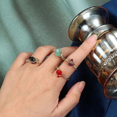 6 قطع خاتم كريستال شفاء للنساء غير منتظم كريستال ذهبي سلك ملفوف خاتم أحجار كريمة عقيق روز كوارتز جمشت عين الشر عيون النمر مجموعة حلقات كريستال قابلة للتعديل in Kuwait