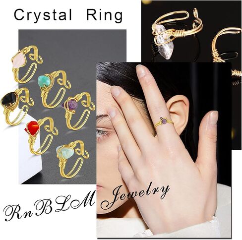 6 قطع خاتم كريستال شفاء للنساء غير منتظم كريستال ذهبي سلك ملفوف خاتم أحجار كريمة عقيق روز كوارتز جمشت عين الشر عيون النمر مجموعة حلقات كريستال قابلة للتعديل in Kuwait