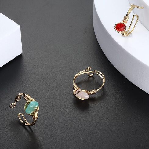 6 قطع خاتم كريستال شفاء للنساء غير منتظم كريستال ذهبي سلك ملفوف خاتم أحجار كريمة عقيق روز كوارتز جمشت عين الشر عيون النمر مجموعة حلقات كريستال قابلة للتعديل in Kuwait