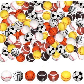 100 Pcs Sports Silicone Beads Bulk 15mm Round Silicone Focal Beads for Keychain Making Basketball Soccer Baseball Football Volleyball Silicone Beads Rubber Loose Beads for Pens DIY Necklace Bracelet