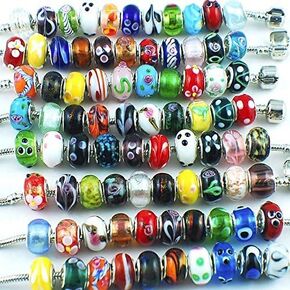 RUBYCA Murano Beads for Jewelry Making Large Hole Glass Beads for European Snake Chain Bracelets Making Silver Plated Core Lampwork Spacer 50 Pcs Mix