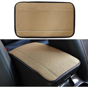 1 PC Car Four-Season Universal Armrest Box Mat, Carbon Fiber Leather Embossing Center Console Cover Pad, Double Line Non-Slip Central Handrail Box Cover Protector, for Most Vehicle Decoration (Beige)