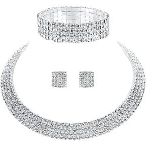 mecresh Wedding Bridal 1/2/3/4/5Row Rhinestone Crystal Jewelry sets for Women(1 Earrings&Necklace&Bracelet)