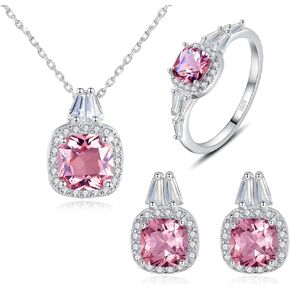 925 Sterling Silver CZ Zircon Halo Simulated Morganite Necklace Earrings Ring for Women, Cubic Zirconia Cushion Cut Nano Pink Gemstone Small Size Pendant Stud Band Costume Jewelry Set with Gift Box