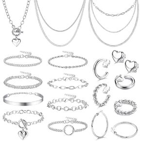 Gold Silver Jewelry Sets for Women Trendy Heart Chain Necklace Bracelet Clip on Earrings Fashion Costume Jewelry Accessories Valentine Anniversary Christmas Birthday Gift