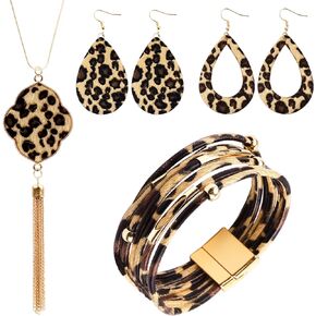 4 Pieces Leopard Jewelry Set Bohemia Earrings Bracelets Necklace Multilayer Leather Cuff Bracelet Long Tassel Leopard Print Pendant Necklace Teardrop Dangle Drop Earrings for Women Girls