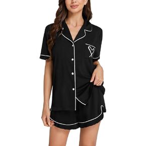 LYANER Women's Pajamas Set Heart Print Button Short Sleeve Shirt with Layered Hem Shorts Sleepwear PJ Set
