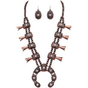 Rosemarie & Jubalee Women's Cowgirl Chic Two Tone Western Burnished Metal Squash Blossom Metallic Pearl Necklace Earrings Set, 24"+3" Extender