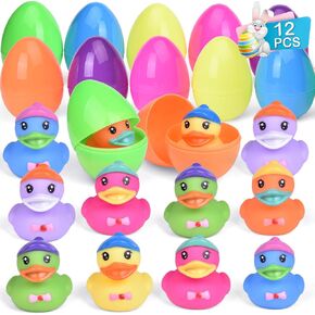 12 PCS Prefilled Easter Eggs with Rubber Duck Toys for Kids Easter Theme Party Favors, Bright Colorful Easter Eggs Filled with Assorted Colors Duck Toys for Fun Bath Toys, Easter Basket Stuffers in Kuwait