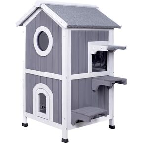 Outdoor Cat House Weatherproof, Wooden Two-Story Feral Cat Shelter with Openable Roof, Escape Door, Balcony
