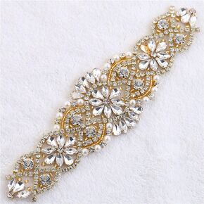 Gold Rhinestone Bridal Applique Patch with Beaded Crystal Jeweled Sequin Diamond Decoration Sew Iron on Garter Applique Wedding Dress Sash Belt Clothes Embellishments