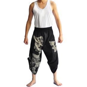 Men's Japanese Style Pants One Size Black Painting Fish Dragon Design